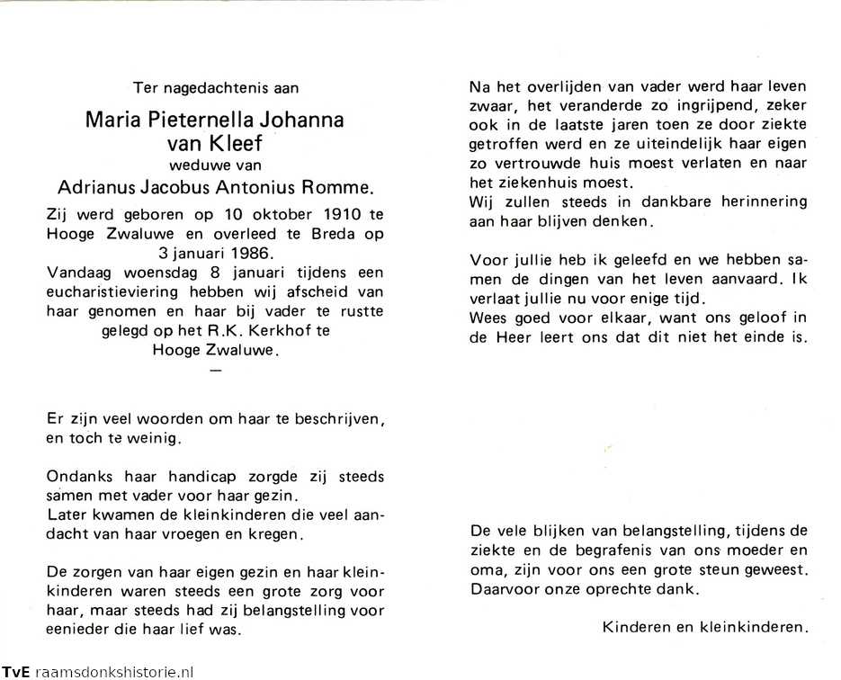 Maria Pieternella Johanna van Kleef- Adrianus Jacobus Antonius Romme